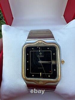 Rare Zodiac Watch Vintage 80s Men Golden Bezel Swiss Movement Black Sky Dial