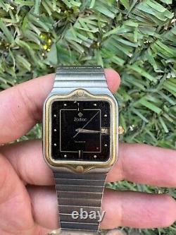 Rare Zodiac Watch Vintage 80s Men Golden Bezel Swiss Movement Black Sky Dial