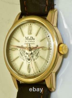 Rare vintage gold plated Swiss Mu-Du automatic Memento Mori Skull wristwatch