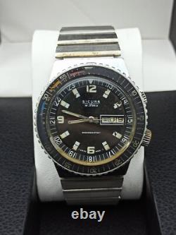 ULTRA-RARE SICURA 25 JEWELS DIVER WATCH AUTOMATIC VINTAGE SWISS 70s BLACK DIAL