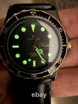Ultra Rare Vintage Certina Ds Diver Black Gold 375ft Swiss Quartz 38mm