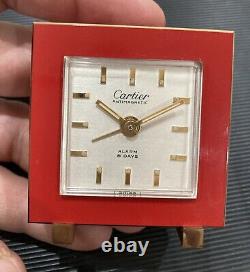 VINTAGE AUTHENTIC CARTIER 8 Day Alarm Clock RARE RED SWISS MECHANICAL