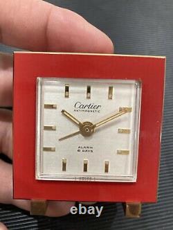 VINTAGE AUTHENTIC CARTIER 8 Day Alarm Clock RARE RED SWISS MECHANICAL