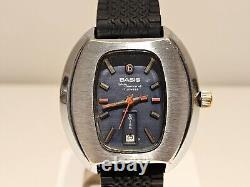 VINTAGE RARE BIG 39mm SWISS MEN'S MECHANICAL CHROME WATCH BASIS BLUE DIAMOND