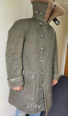 Vintage 1940s WW2 Swiss Sheepskin Canvas Coat/O. S. B Militar Utrustningar rare