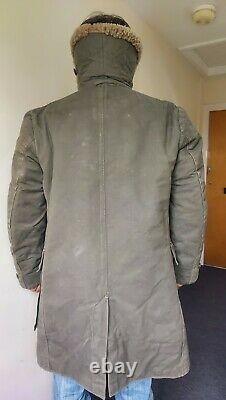 Vintage 1940s WW2 Swiss Sheepskin Canvas Coat/O. S. B Militar Utrustningar rare