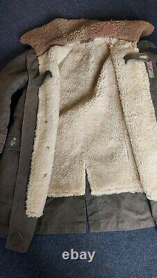 Vintage 1940s WW2 Swiss Sheepskin Canvas Coat/O. S. B Militar Utrustningar rare