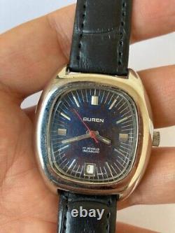 Vintage Buren 17 jewels Watch 1960's Swiss Gents Blue Jeans dial Rare works well