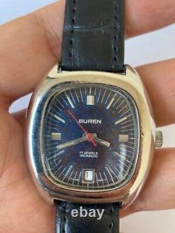 Vintage Buren 17 jewels Watch 1960's Swiss Gents Blue Jeans dial Rare works well