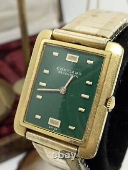 Vintage CORTLAND Mens Automatic 1960s Watch 17J Swiss 10K Gold. F Rare Green Face