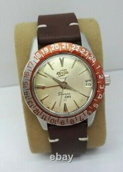 Vintage Enicar Red Bezel Sherpa Gmt 33 Ultrasonic Swiss Watch Extremely Rare