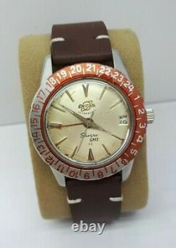 Vintage Enicar Red Bezel Sherpa Gmt 33 Ultrasonic Swiss Watch Extremely Rare