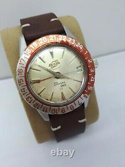 Vintage Enicar Red Bezel Sherpa Gmt 33 Ultrasonic Swiss Watch Extremely Rare