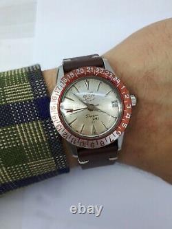 Vintage Enicar Red Bezel Sherpa Gmt 33 Ultrasonic Swiss Watch Extremely Rare