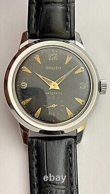 Vintage GRUEN Watch Watertite Swiss Incabloc Waterproof Gruen Black Dial RARE