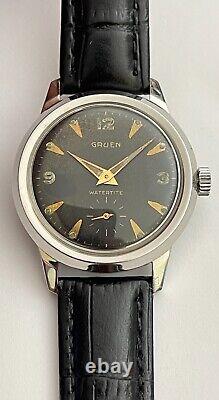 Vintage GRUEN Watch Watertite Swiss Incabloc Waterproof Gruen Black Dial RARE