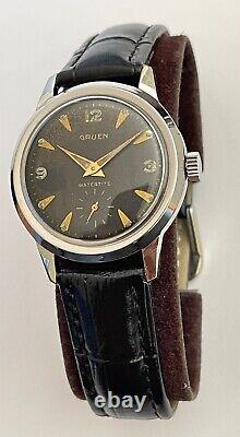 Vintage GRUEN Watch Watertite Swiss Incabloc Waterproof Gruen Black Dial RARE
