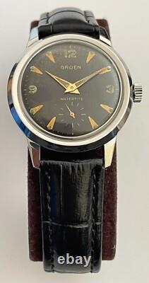Vintage GRUEN Watch Watertite Swiss Incabloc Waterproof Gruen Black Dial RARE