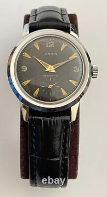 Vintage GRUEN Watch Watertite Swiss Incabloc Waterproof Gruen Black Dial RARE