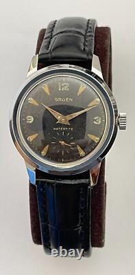 Vintage GRUEN Watch Watertite Swiss Incabloc Waterproof Gruen Black Dial RARE