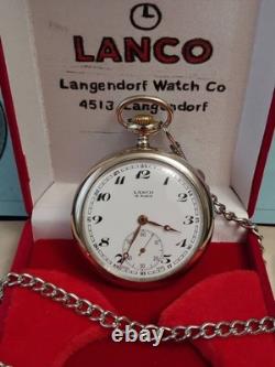 Vintage LANCO Pocket Watch Langendorf Mechanical Swiss Chain Box Rare Old 1940