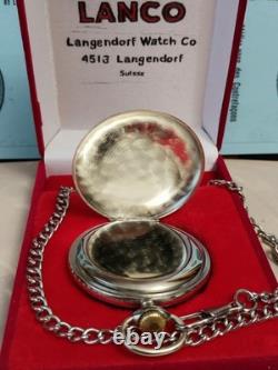 Vintage LANCO Pocket Watch Langendorf Mechanical Swiss Chain Box Rare Old 1940