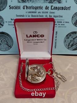 Vintage LANCO Pocket Watch Langendorf Mechanical Swiss Chain Box Rare Old 1940