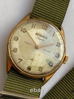 Vintage RARE Men WRISTWATCH ATOMIK SUPER DE LUXE 17 RUBIS SWISS AU 10 G UT 6310