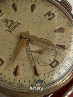 Vintage RARE Men Wrist Watch VENUS 19 RUBIS SWISS GOLD PL G POINTER DATE FHF 70