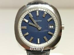 Vintage Rare All Stainless Steel Men's Swiss Mechanical Watch Alpina/blue Dial