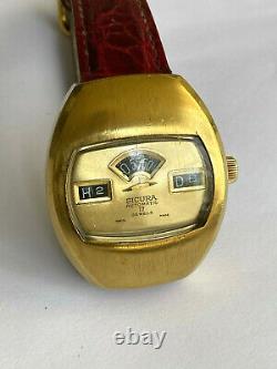 Vintage Rare SICURA Digital Jump Hour Automatic 17J Swiss Gold Plated Men Watch