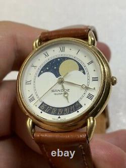 Vintage Rare Sandoz Moon Phase Date Swiss Made Wrist Watch HC-1016 33mm