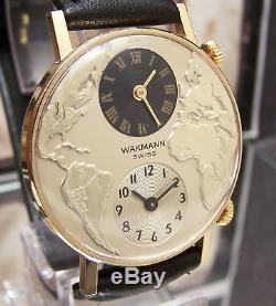 Vintage Super Rare 60's Wakmann Swiss Dual / Twin World Time Zone Watch Minty