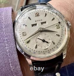 Vintage Swiss Cyma Triple Date Watch c. 1950s Beautiful & Rare Watch VG+