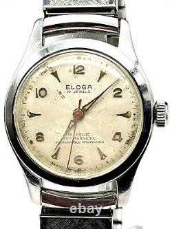 Vintage Swiss Eloga Watch Rare 17J Gallucci dial with red second hand runs great