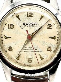 Vintage Swiss Eloga Watch Rare 17J Gallucci dial with red second hand runs great