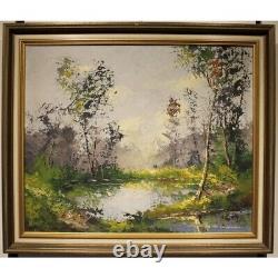 Vintage Swiss School Rare Oil Canvas Painting Pond Landscape Framed