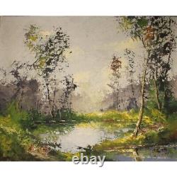 Vintage Swiss School Rare Oil Canvas Painting Pond Landscape Framed