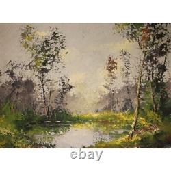 Vintage Swiss School Rare Oil Canvas Painting Pond Landscape Framed