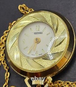 Vintage Swiss Teltime Gold Tone Manual Watch Pendant with Chain-Rare Model