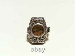 Vintage Ww2 Rare Swiss Silver Mechanical Ladies Watch Ring Ormo With Stones