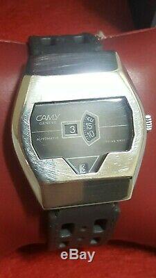 Vtg rare Automatic Camy TDB Jump hour 17 jewels Hours min date Swiss rubber band