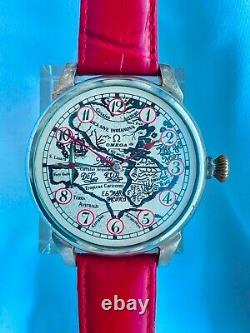 WORLD MAP Vintage 1928`s Wide Face Original movement rare Men`s Swiss Wristwatch