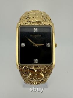 Wittnauer RARE Gold Tone Nuget Vintage Men's Dress Watch Swiss Made Black Face