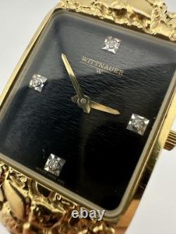 Wittnauer RARE Gold Tone Nuget Vintage Men's Dress Watch Swiss Made Black Face